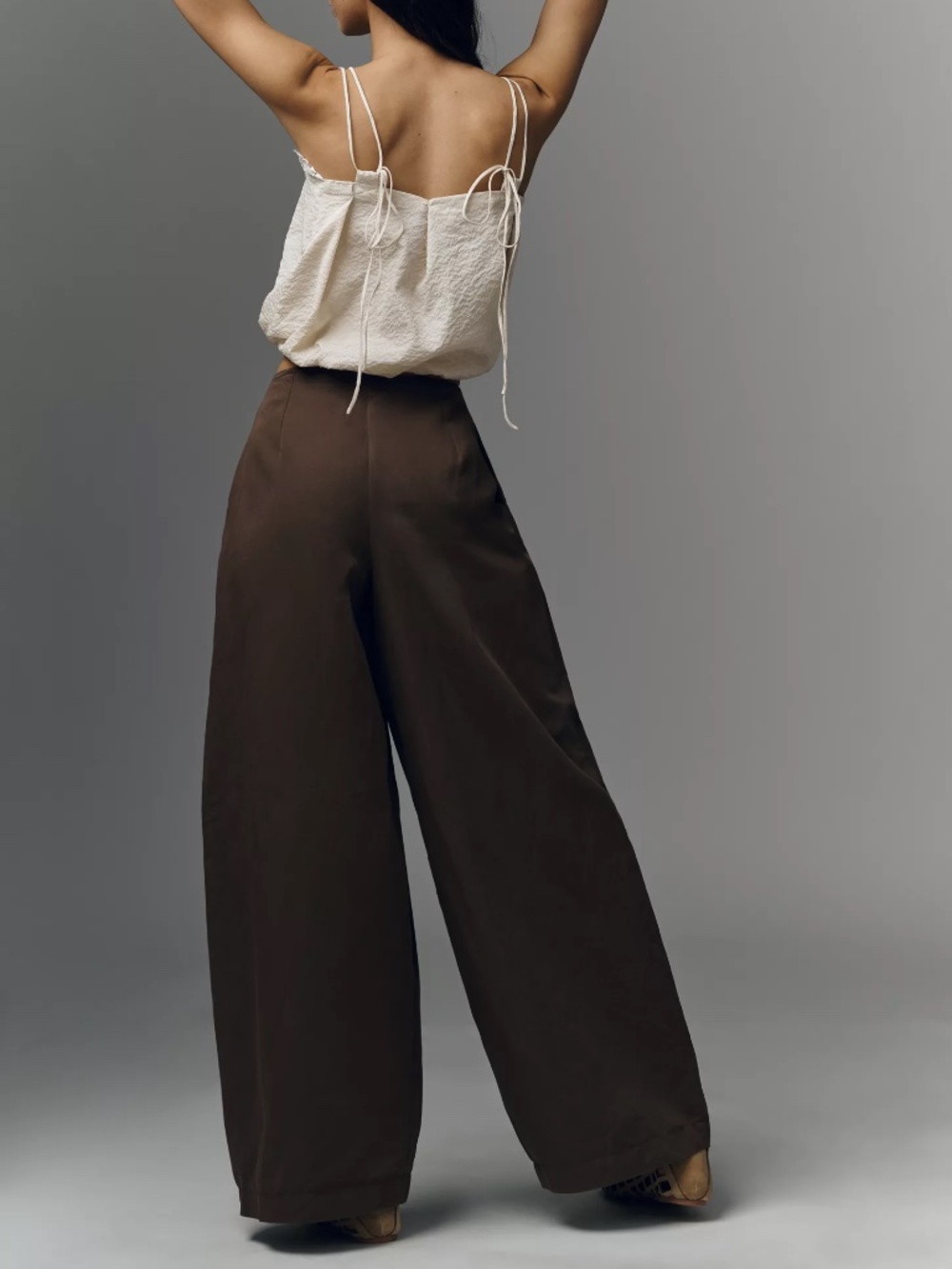 Anthropologie Maeve Pleated Trousers Wide Barrel Leg Cotton Linen Blend BROWN - Picture 4 of 8